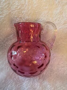 Vintage Cranberry Thumbprint Glass Creamer Pitcher Applied Clear Handle 4.5"